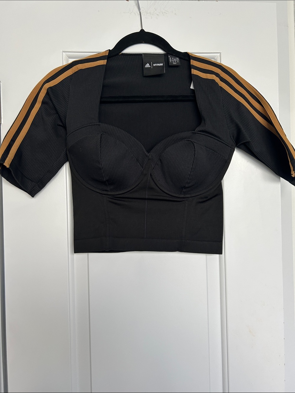 IVY PARK Black Cropped Bustier Top with Gold Stripes